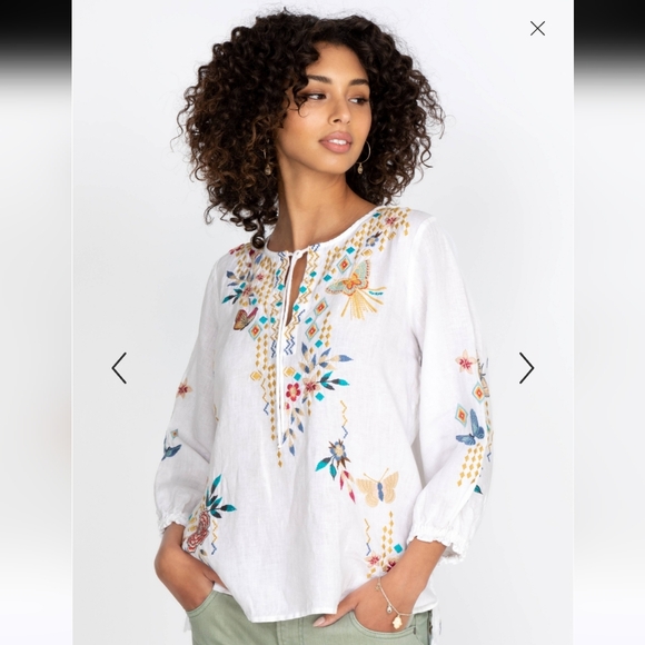 Johnny Was Mariposa Easy Linen Blouse White Embroidered XL Flower Butterfly - Picture 2 of 8